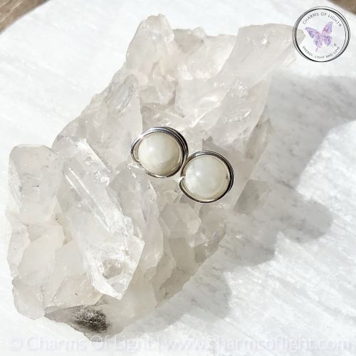 Moonstone Silver Wire Wrap Stud Earrings